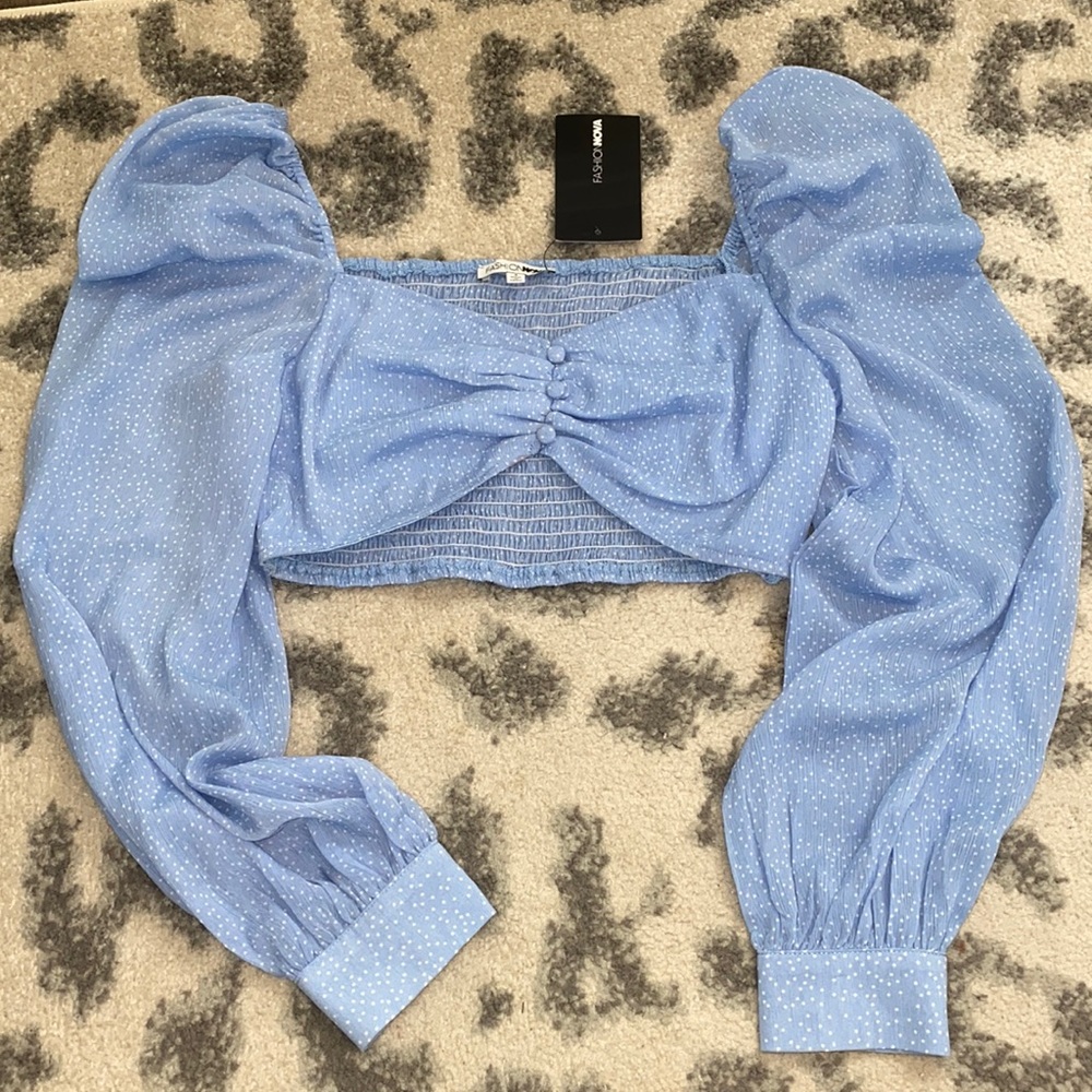 Fashionnova baby blue polkadot balloon sleeve crop top